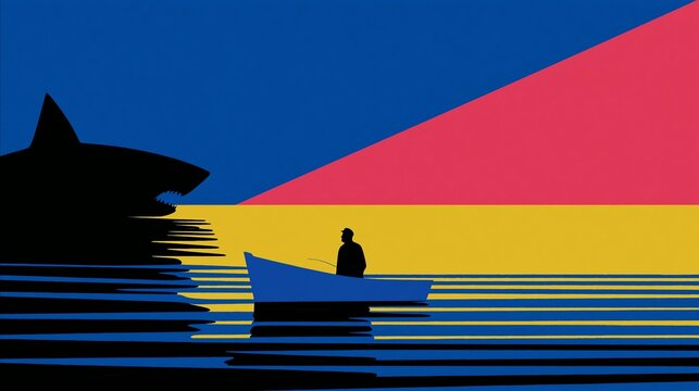 illustration of a man on a boat encountering a shark
