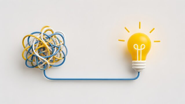 Tangled wire untangling into glowing yellow lightbulb. Concept of creative brainstorming, problem solving, and business solution.