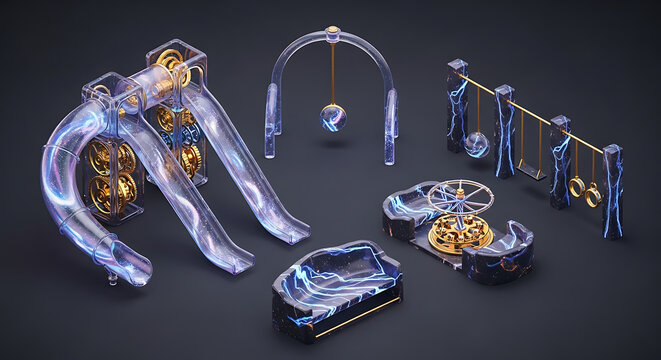 A surreal playground with cosmic textures featuring futuristic golden gears inside a transparent slide and galactic swing set clipart design