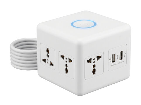 Modern white cube power strip with multiple universal outlets and USB ports, accompanied by a coiled power cord PNG Isolated on transparent background