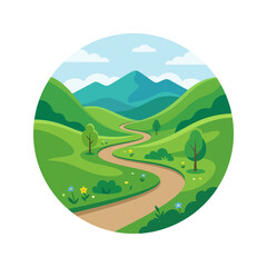 Obraz premium Scenic Flat Illustration of Winding Mountain Road and Green Hills in a Circle