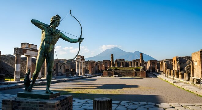 Bronze archer statue in ancient ruins with mountain