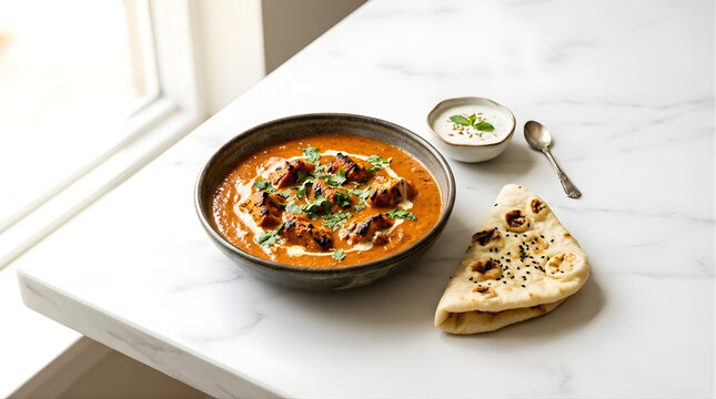 Delicious Indian Butter Chicken Curry Served with Garlic Naan Bread and Raita Dip on a Marble Countertop Near a Window