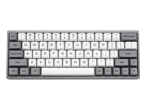 Compact mechanical keyboard with grey and white keys and a QWERTY layout for typing and gaming PNG Isolated on transparent background