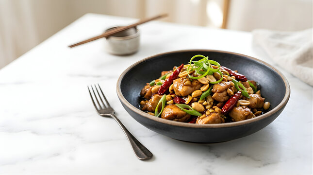Delicious Kung Pao Chicken dish served in a rustic black bowl with chopsticks and a fork on a marble countertop overhead view