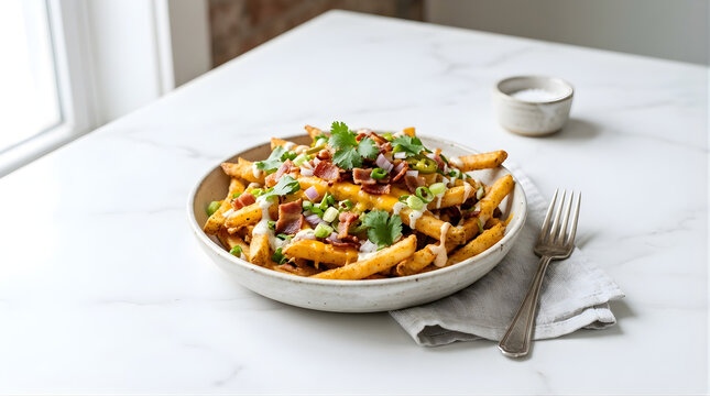 Delicious Loaded French Fries with Cheese Bacon and Chives in a Bowl on a White Marble Tabletop