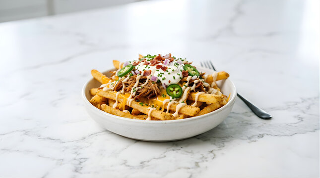 Delicious Loaded Fries Topped with Pulled Pork Cheese Jalapenos and Sour Cream a Gourmet Appetizer Ready to Eat