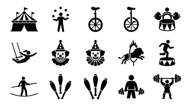 Circus performance and carnival attraction icons