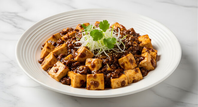 Delicious Mapo Tofu Served on a White Plate Garnished with Scallions and Sesame Seeds Highlighting Savory Chinese Cuisine
