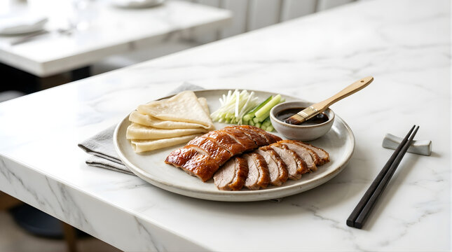 Delicious Peking Duck Slices Served With Thin Pancakes Sliced Cucumbers and Hoisin Sauce on a Restaurant Table