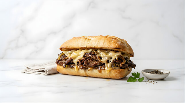 Delicious Philly Cheesesteak Sandwich with Melted Cheese and Caramelized Onions on a Sesame Seed Bun