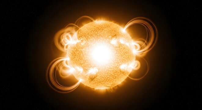 Glowing sun with solar flares in space