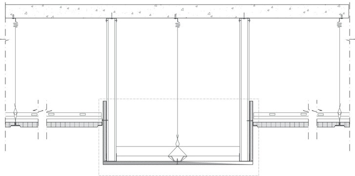 Technical vector blueprint detailing a suspended ceiling system with recessed lighting or ventilation integration, featuring structural hangers.
