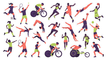 Fototapeta premium Diverse athletes performing various sports activities like running cycling swimming soccer and basketball on white background, illustrating active habits and covering inclusive representation