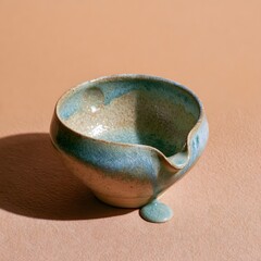 Fototapeta premium Handmade Ceramic Pouring Bowl with Teal Glaze Drip Detail