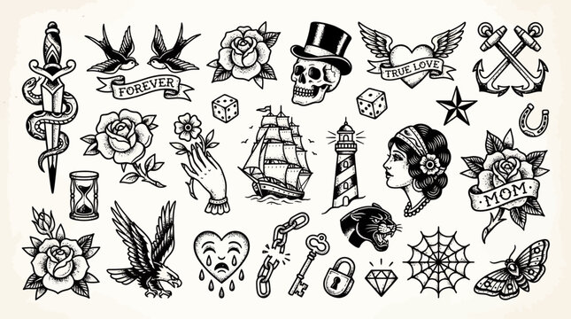 Vintage black and white traditional tattoo flash sheet with various classic icons like roses, skulls, anchors and eagles, represents artistic inspiration and provides retro design elements