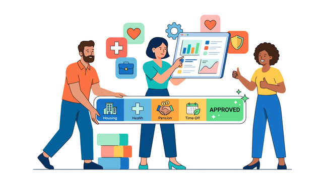 Diverse business team collaborating on employee benefits and apprentice program strategy. EPS Editable. Vector Illustrations.