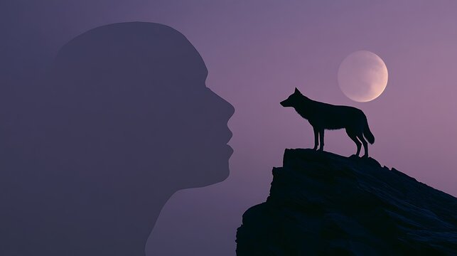 Prompt: A psychological conceptual shot of internal alertness. A sharp silhouette profile of a head looking back is double-exposed with a dramatic, high-contrast landscape of a wolf standing 