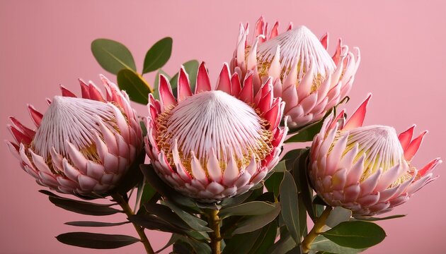 A Bouquet Of Four Beautiful Protea Flowers With Pink And White Petals Gracefully Displayed Against A Soft Pink Background