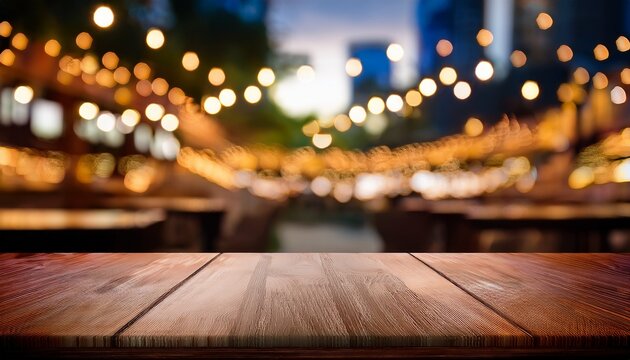 Image Of Wooden Table In Front Of Abstract Blurred Restaurant Lights Background
