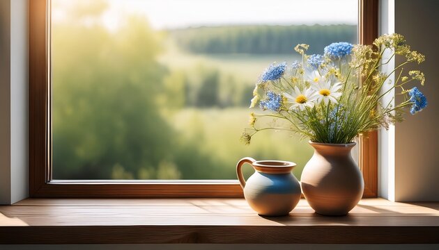 Minimalist Ceramic Pottery And Wildflowers On A Wooden Windowsill