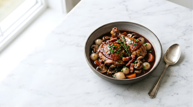 Hearty Chicken Coq au Vin Braised in Red Wine with Bacon Mushrooms and Pearl Onions Served in a Rustic Bowl on a White Marble Countertop with Natural Window Light