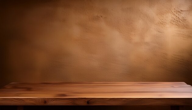 Brown Plaster Wall And Wooden Table As Backdrop For A Product Packshot