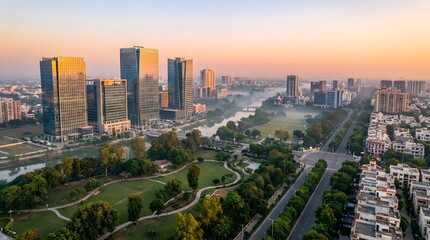 Obraz premium Aerial view of modern cityscape with skyscrapers and green park at sunrise