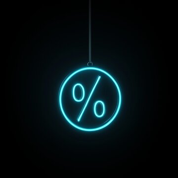 Glowing percent sign pendant hanging in dark void with neon glow