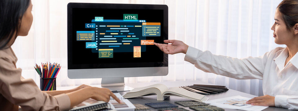 Software development or programming work with coding screen of various programming languages like HTML, , , and C brisk for new application development