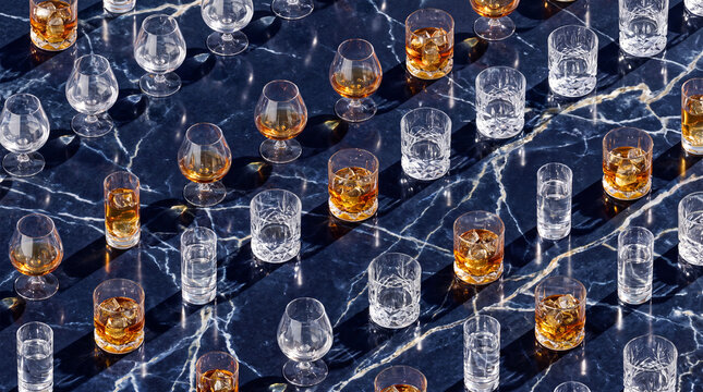Isometric whiskey glasses on marble. Pattern of crystal tumblers with alcohol and water.