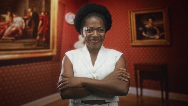 Woman with bare crossed arms smiling and standing in museum building wearing white sleeveless top; confidence.