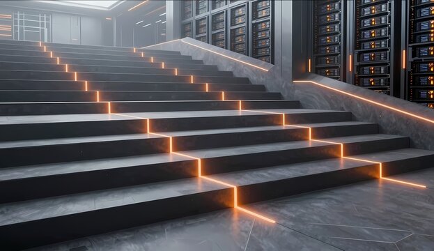 Futuristic technology abstract background with dark geometric steps, glowing neon orange light lines and computer server racks in data center
