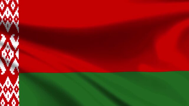 Belarus national flag waving in wind. Red and green banner with ornate embroidery pattern fluttering dynamically.