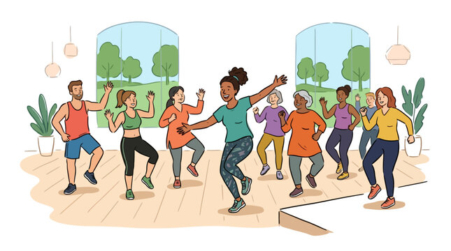 Diverse group of people enjoying a dance fitness class with instructor in studio illustration. EPS Editable. Vector Illustrations.