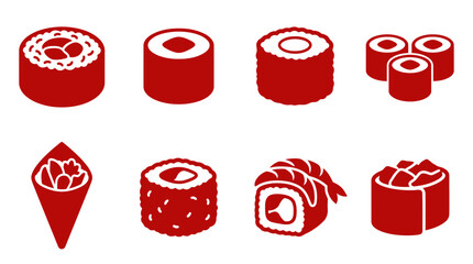 Variety of sushi rolls and maki silhouette icons. © christina