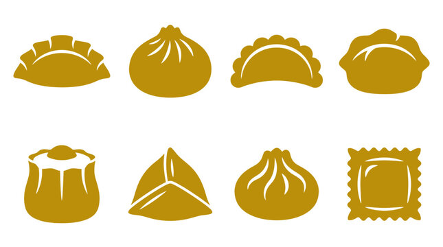 Golden dumpling and dim sum variety icon collection.
