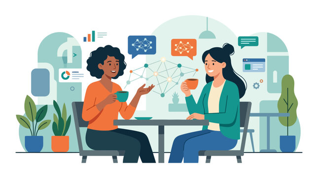Diverse business women collaborating and brainstorming over coffee in modern office vector illustration. EPS Editable. Vector Illustrations.