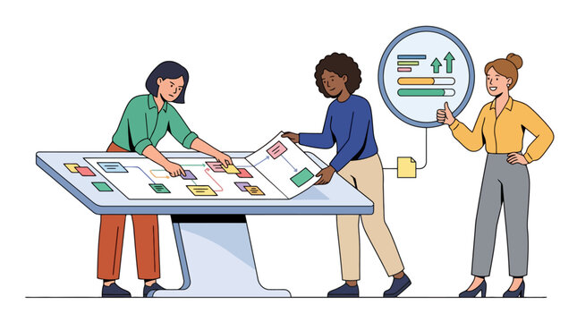 Diverse business women collaborating on project using interactive digital touch screen table vector illustration. EPS Editable. Vector Illustrations.