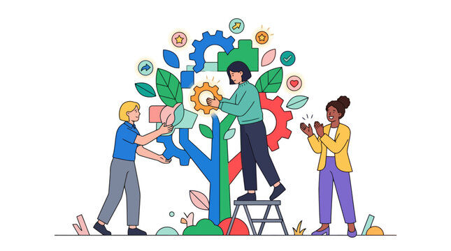 Diverse businesswomen collaborating to build a growing gear tree representing teamwork and innovation. EPS Editable. Vector Illustrations.