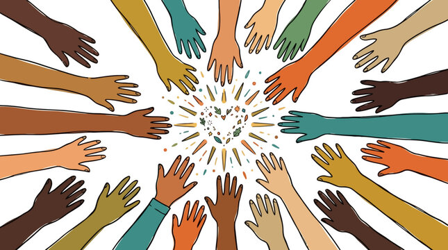 Diverse colorful hands reaching together towards a central heart symbol representing unity and love. EPS Editable. Vector Illustrations.