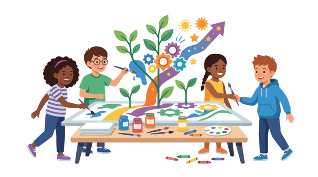 Diverse children painting a collaborative mural of growing plants and gears together. EPS Editable. Vector Illustrations.