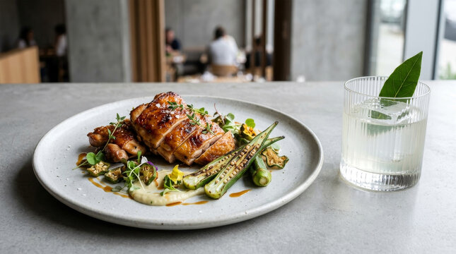 Frango grelhado com quiabo, pur&ecirc;  de mandioquinha e legumes servido com drink gim t&ocirc;nica em mesa de restaurante moderno, conceito de alta gastronomia contempor&acirc;nea