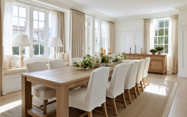 Fototapeta premium Bright dining room with extra long wooden table, white upholstered chairs, large windows, neutral decor, and natural light create welcoming