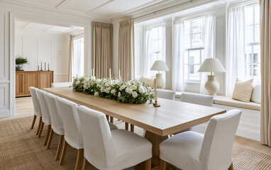 Fototapeta premium Bright dining room with extra long wooden table, white upholstered chairs, large windows, neutral decor, and natural light create welcoming