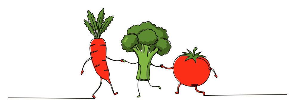 Carrot broccoli and tomato holding hands monoline vector