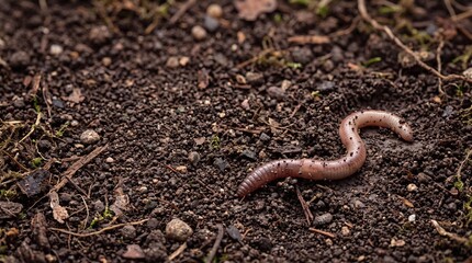 Fototapeta premium Earthworm crawling on dark fertile soil
