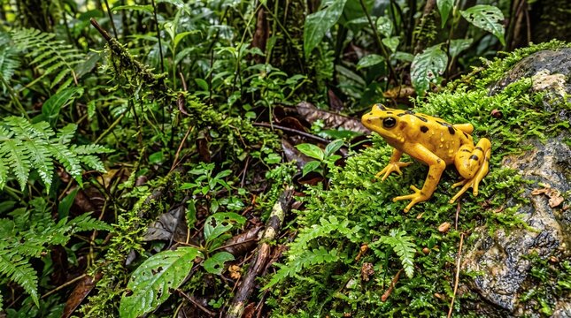 A vibrant yellow Panamanian golden frog sitting on mossy rock in a tropical rainforest