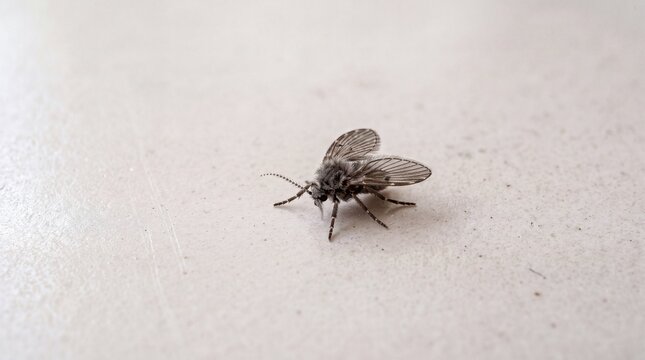 Close up of a fuzzy drain fly on a light surface
