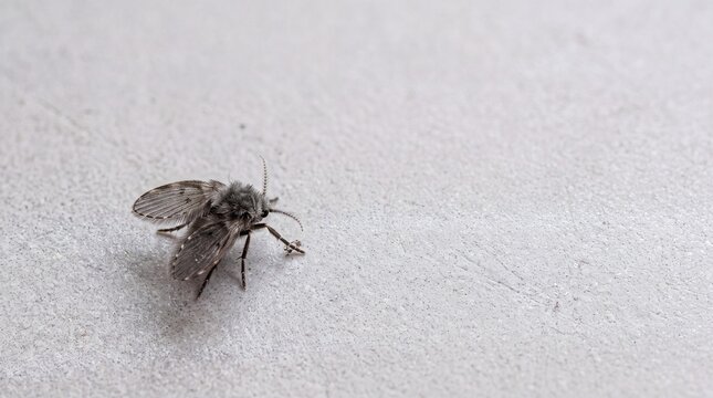 Macro photograph of a drain fly resting on a light-colored surface